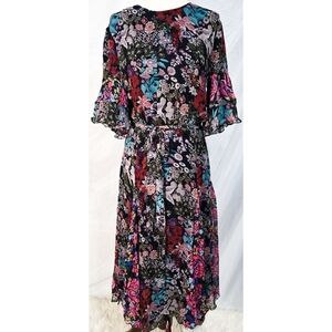 Megan Park Dark Floral Midi Dress A Line Flutter Sleeves Colorful Black Boho